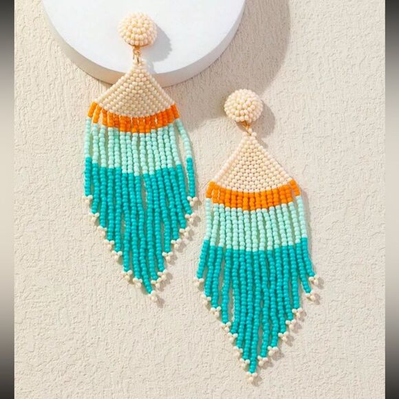 Bohemian Beaded & Tassel Woven Earrings - Picture 2 of 3